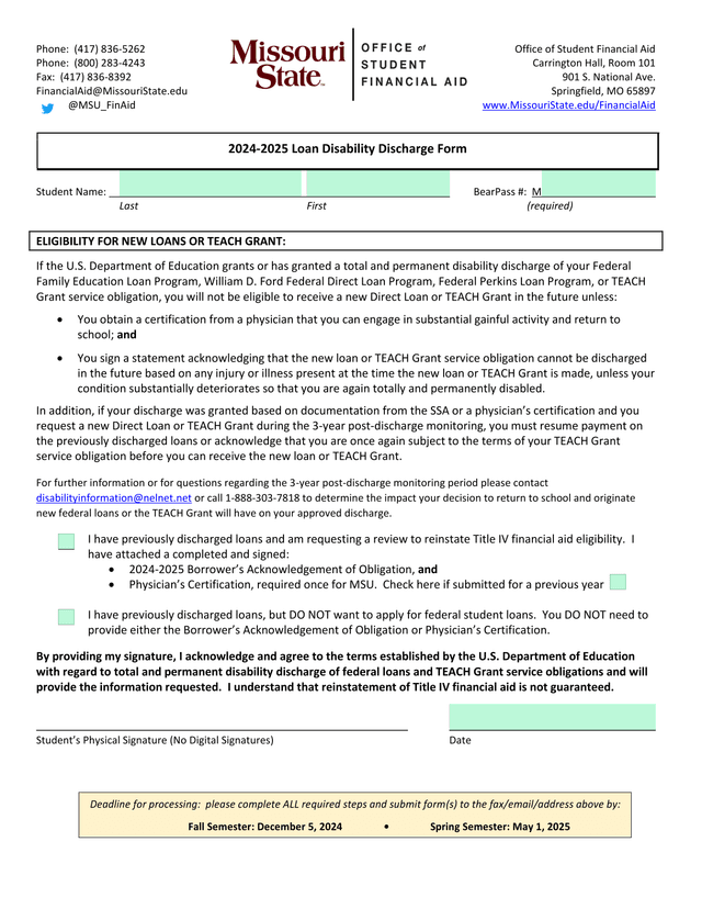 2024 2025 Loan Disability Discharge Form screenshot