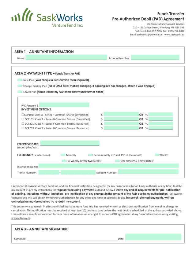 Funds Transfer Pre Authorized Debit (PAD) Agreement screenshot