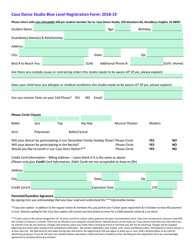Casa Dance Studio Blue Level Registration Form 2018 19 screenshot