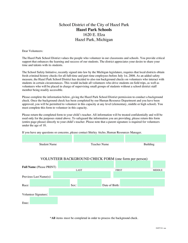 Volunteer Background Check Form screenshot