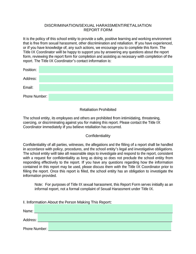 DISCRIMINATIONSEXUAL HARASSMENTRETALIATION REPORT FORM screenshot