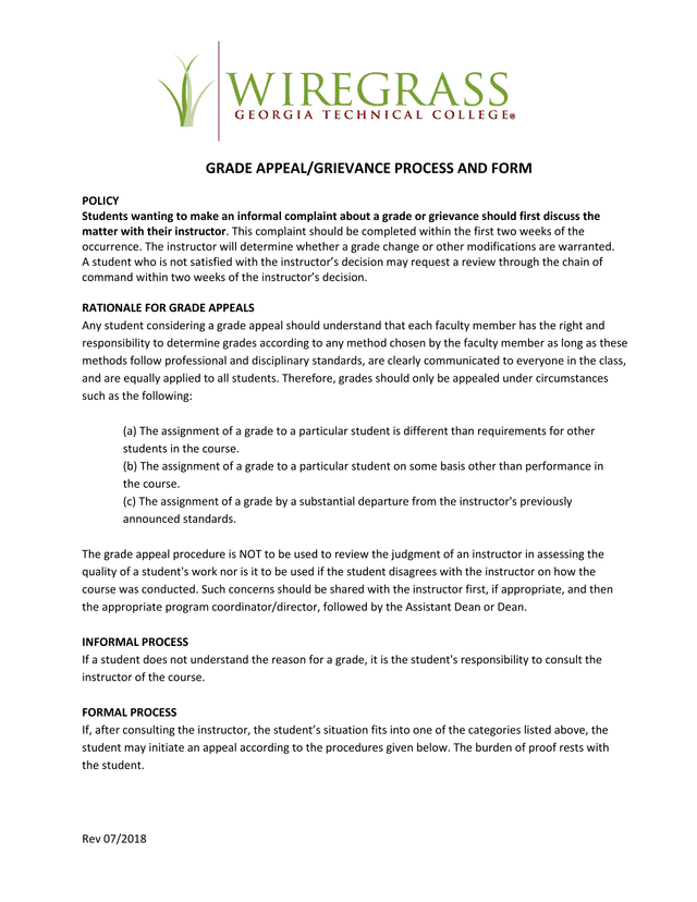 GRADE APPEALGRIEVANCE PROCESS AND FORM screenshot