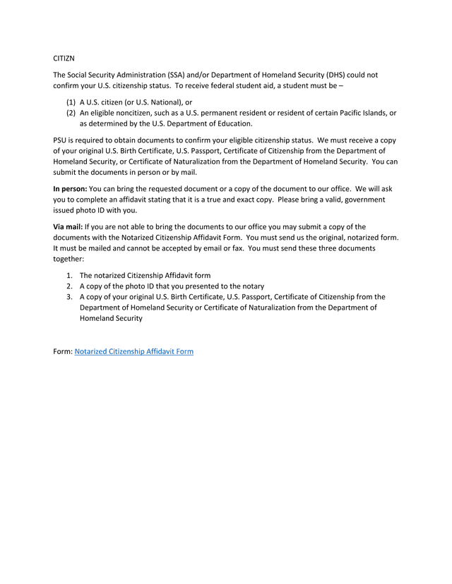 Notarized Citizenship Affidavit Form screenshot