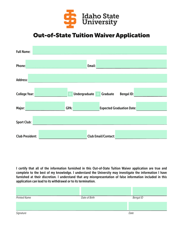 Out Of State Tuition Waiver Application screenshot