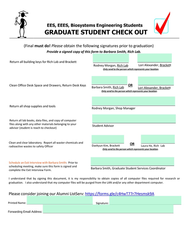 Graduate Student Check Out Form screenshot