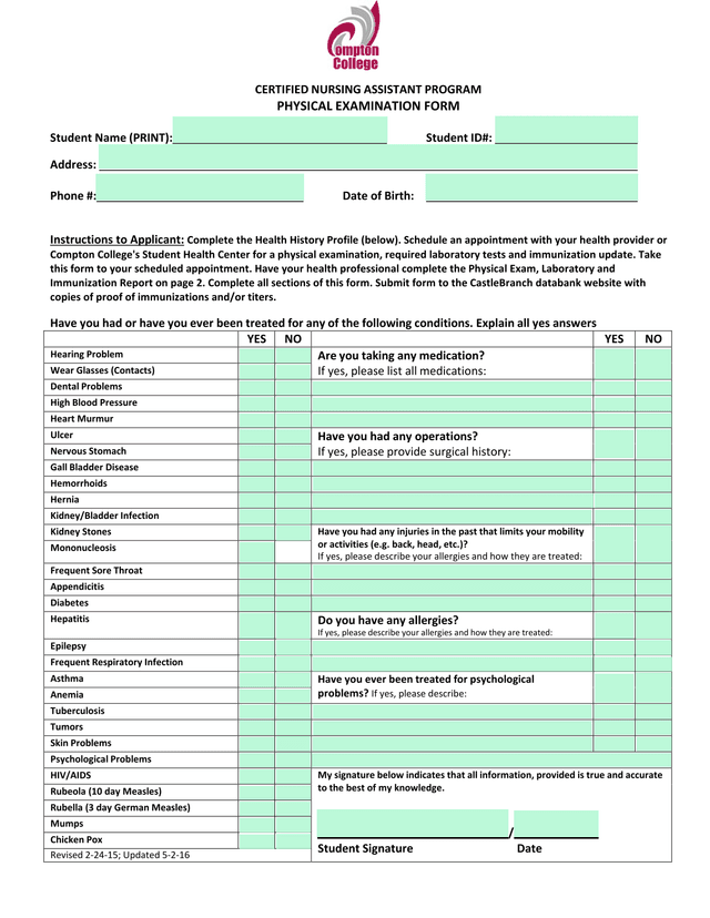 CERTIFIED NURSING ASSISTANT PROGRAM PHYSICAL EXAMINATION FORM screenshot
