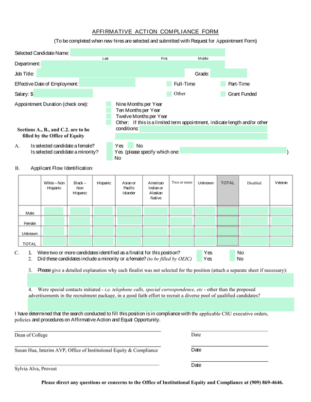 Affirmative Action Compliance Form screenshot