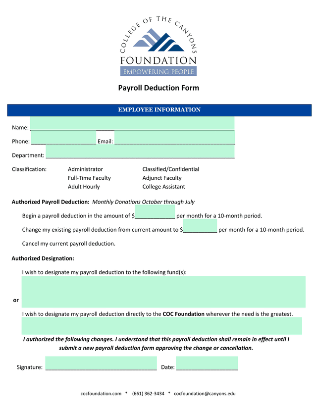Payroll Deduction Form screenshot