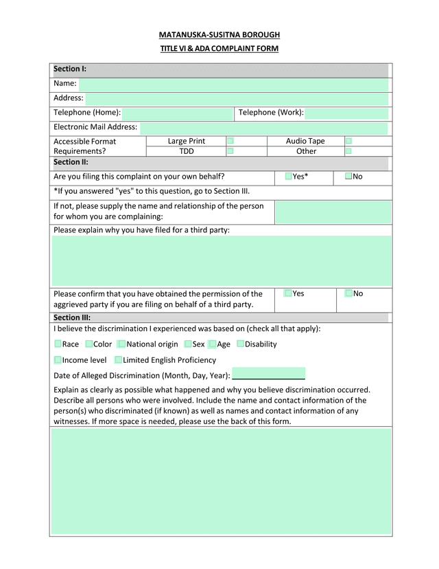 MATANUSKA SUSITNA BOROUGH TITLE VI  ADA COMPLAINT FORM screenshot