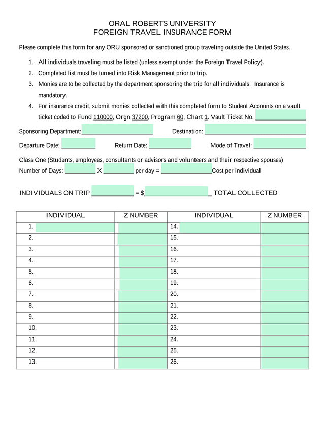 Foreign Travel Insurance Form screenshot