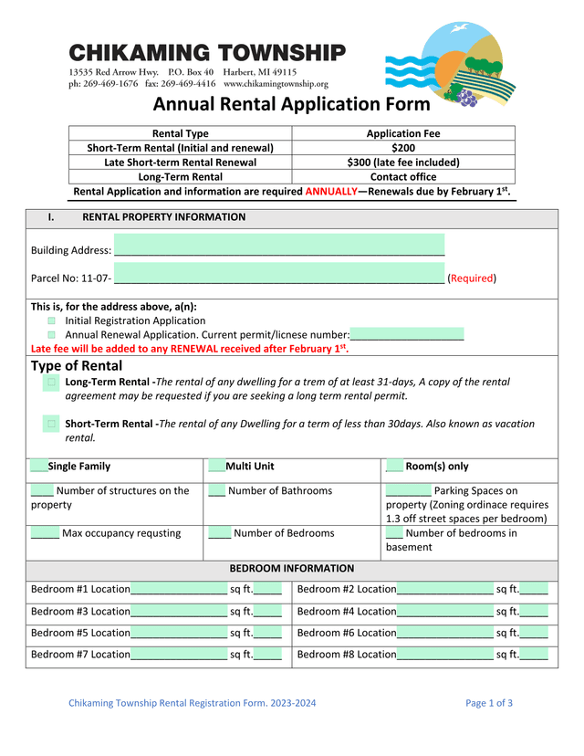Chikaming Township Rental Registration Form screenshot