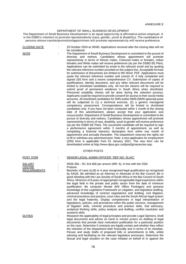 ANNEXURE E Department Of Small Business Development Job Posting screenshot