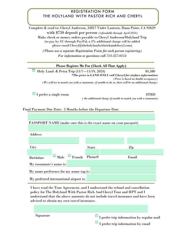 The Holyland With Pastor Rich And Cheryl Tour Registration Form screenshot