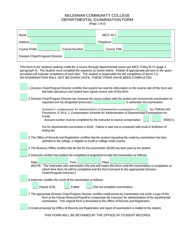 McLennan Community College Departmental Examination Form screenshot