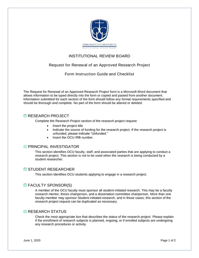 Request For Renewal Of An Approved Research Project Form Instruction Guide And Checklist screenshot
