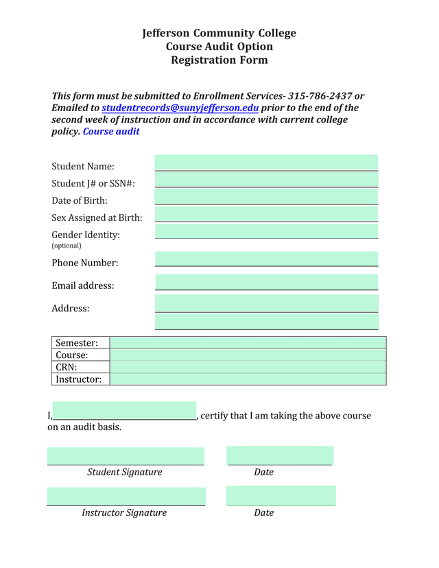 Course Audit Option Registration Form screenshot