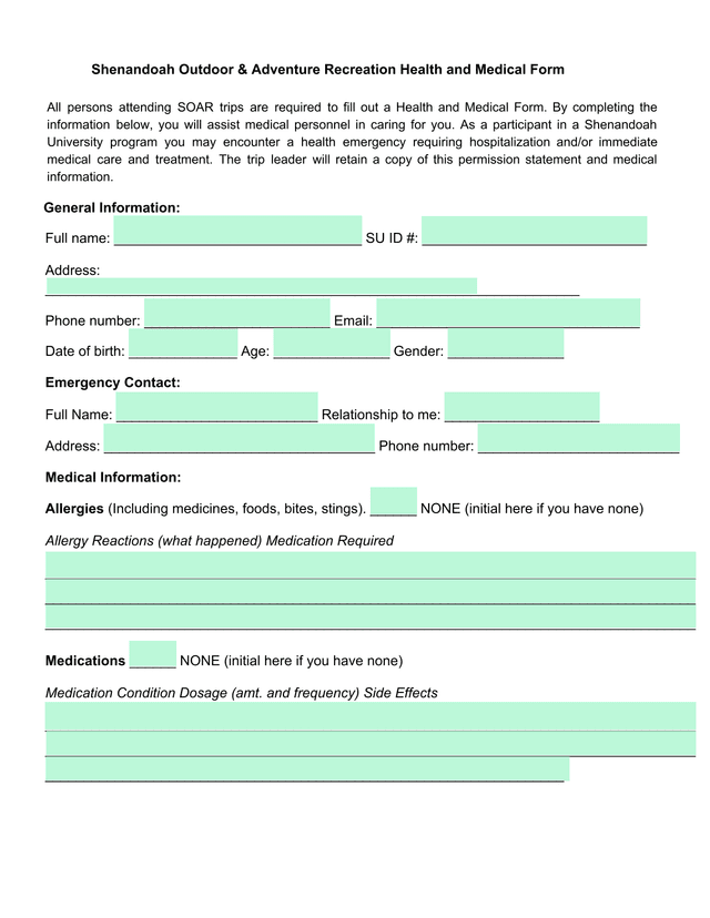 Shenandoah Outdoor  Adventure Recreation Health And Medical Form screenshot