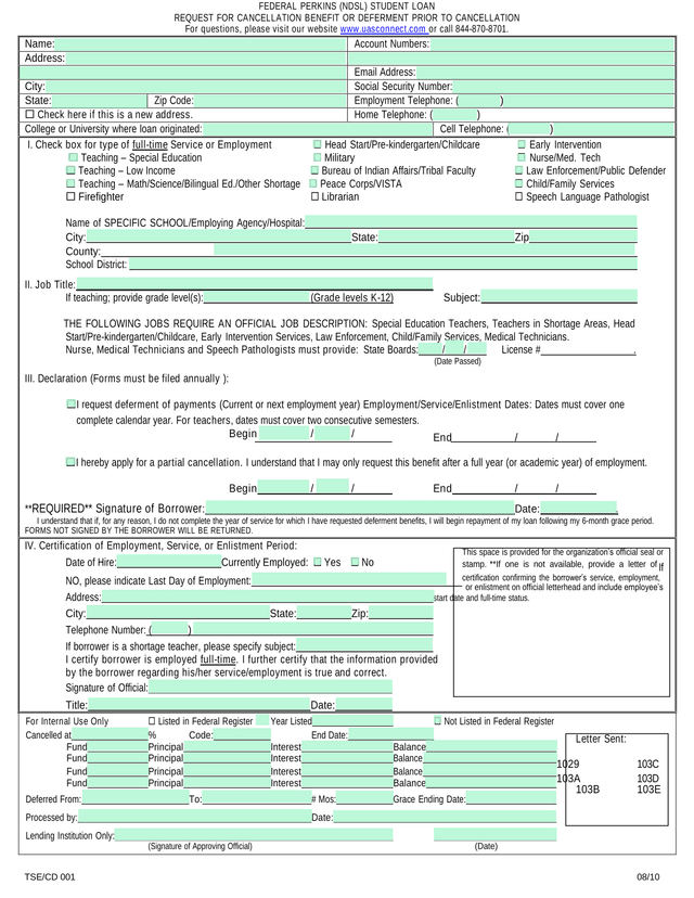 FEDERAL PERKINS (NDSL) STUDENT LOAN REQUEST FOR CANCELLATION BENEFIT OR DEFERMENT PRIOR TO CANCELLAT screenshot