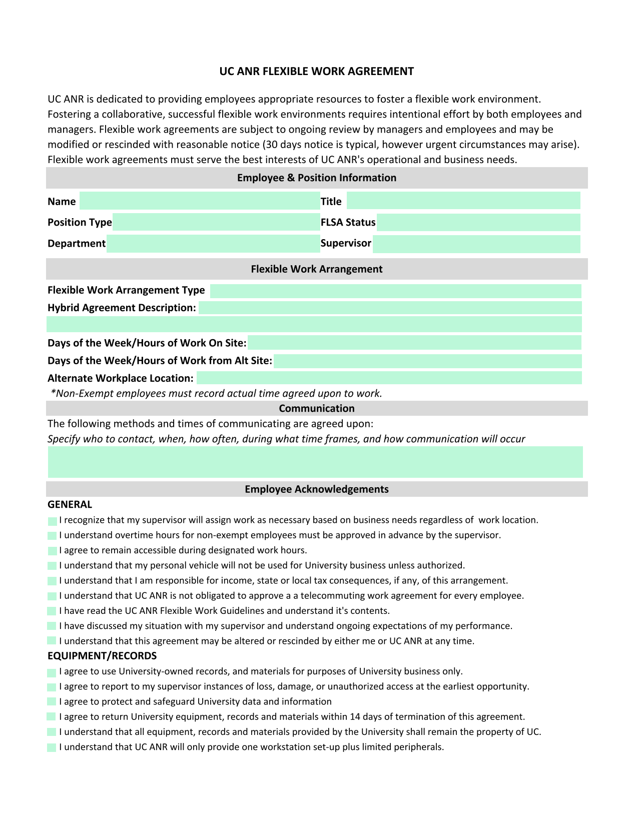 Flexible Work Arrangement Agreement screenshot
