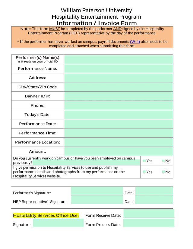 Hospitality Entertainment Program Information  Invoice Form screenshot