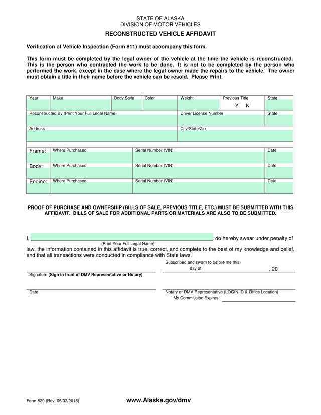 Form 829 Reconstructed Vehicle Affidavit screenshot