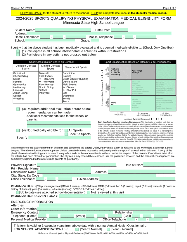 2024 2025 Sports Qualifying Physical Examination Medical Eligibility Form screenshot