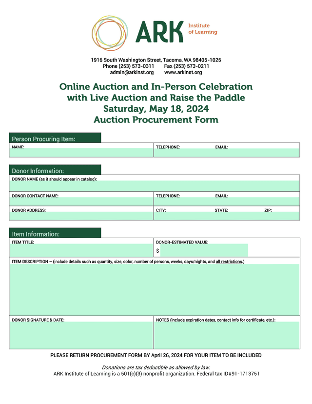 ARK Institute Of Learning Procurement Form screenshot