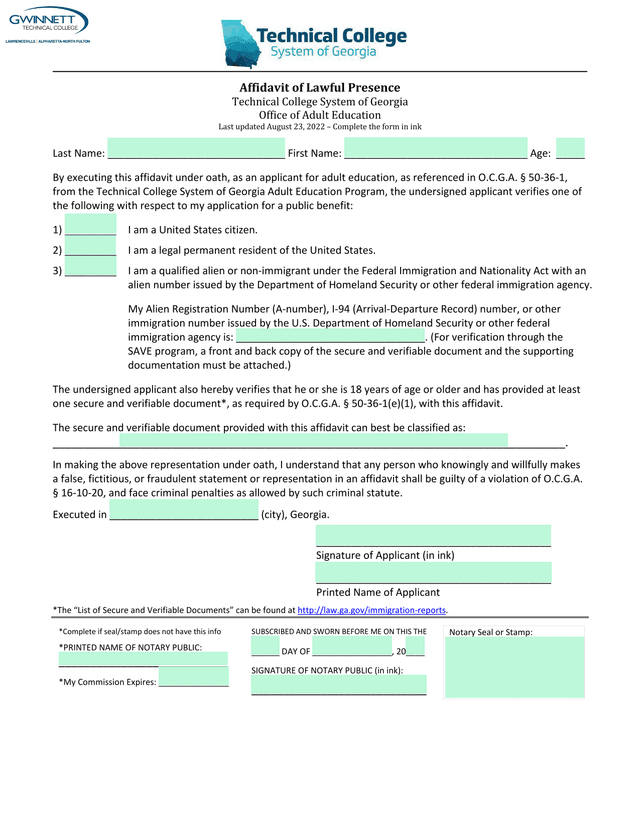 Affidavit Of Lawful Presence screenshot