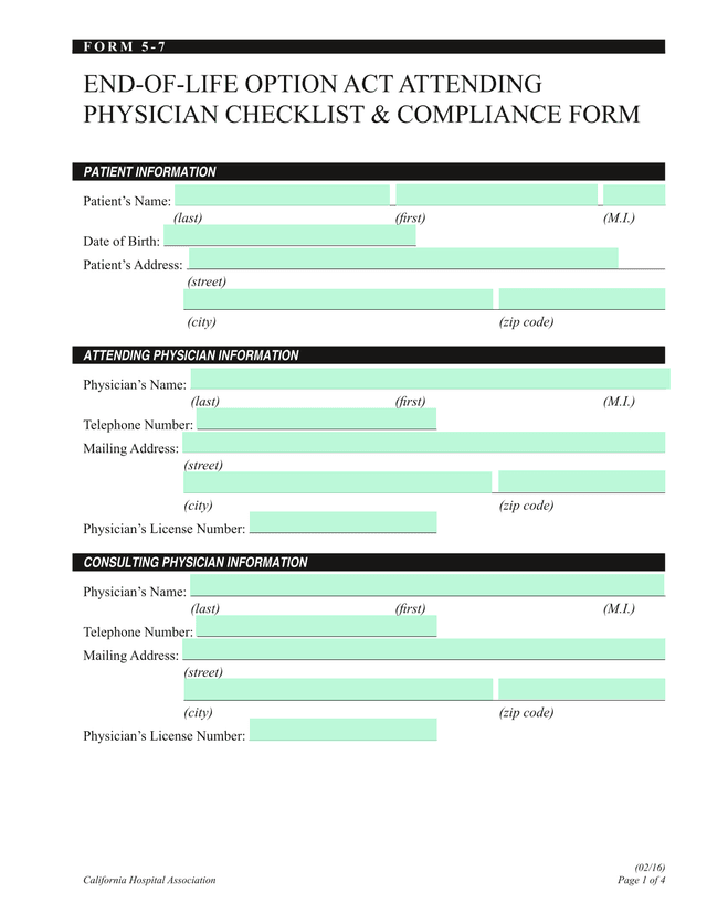 End Of Life Option Act Attending Physician Checklist  Compliance Form screenshot