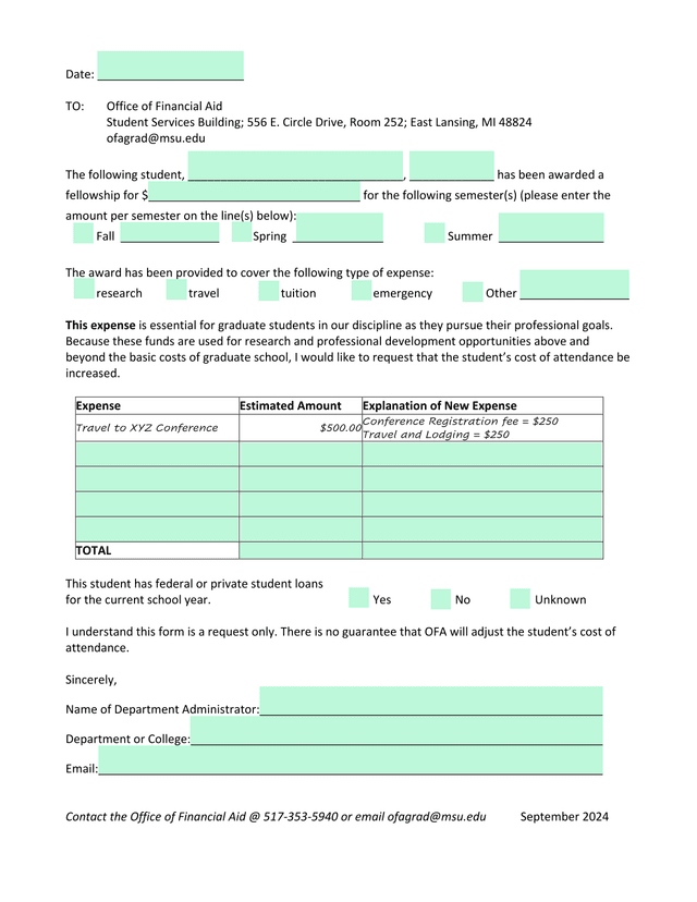 Graduate Student Fellowship Expense Request Form screenshot
