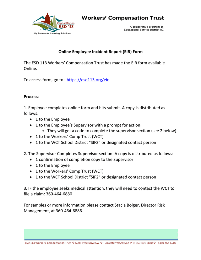 Online Employee Incident Report (EIR) Form screenshot