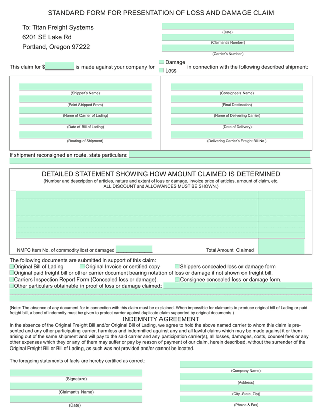Standard Form For Presentation Of Loss And Damage Claim screenshot