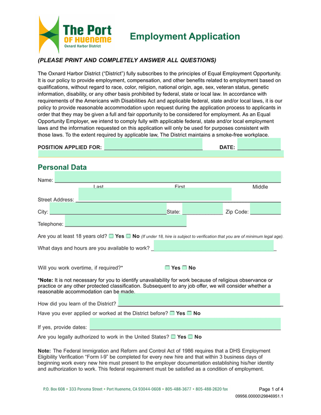 Employment Application screenshot