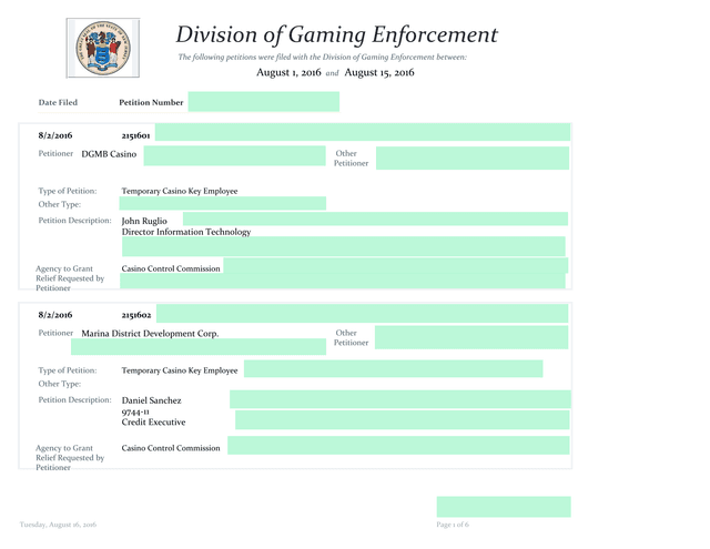 Division Of Gaming Enforcement Petition Log screenshot