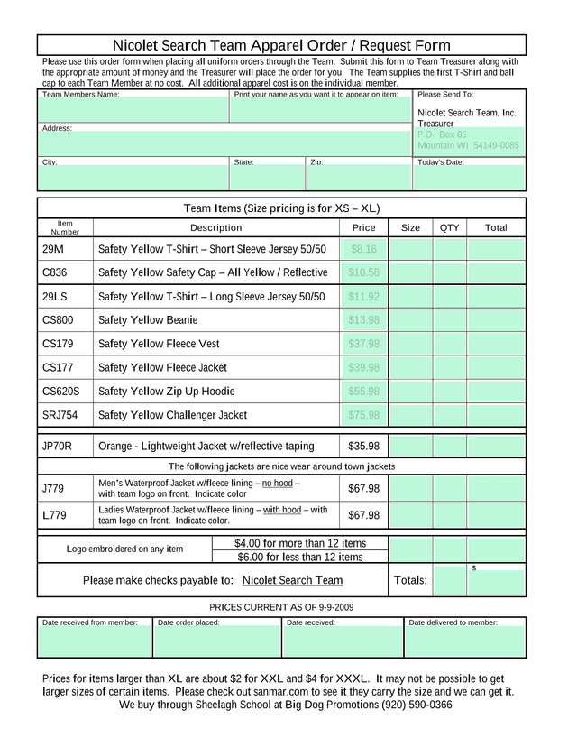 Nicolet Search Team Apparel Order  Request Form screenshot