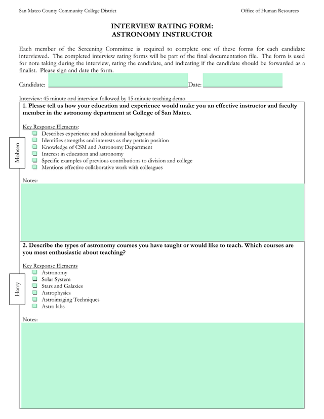 Interview Rating Form Astronomy Instructor screenshot