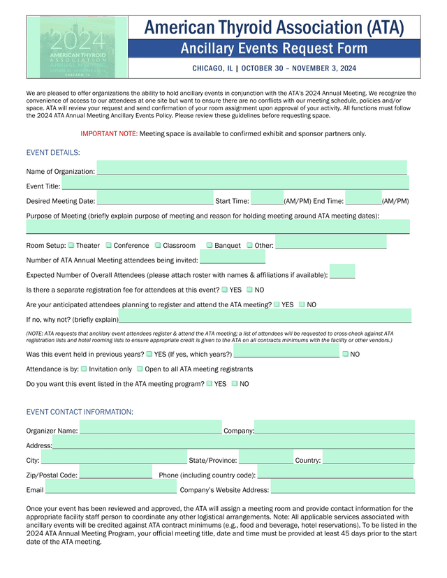 American Thyroid Association (ATA) Ancillary Events Request Form screenshot
