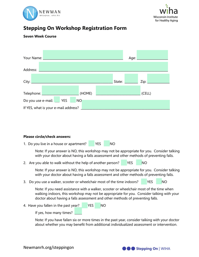 Stepping On Workshop Registration Form screenshot