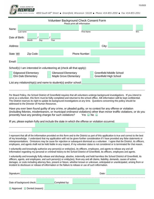 Volunteer Background Check Consent Form screenshot