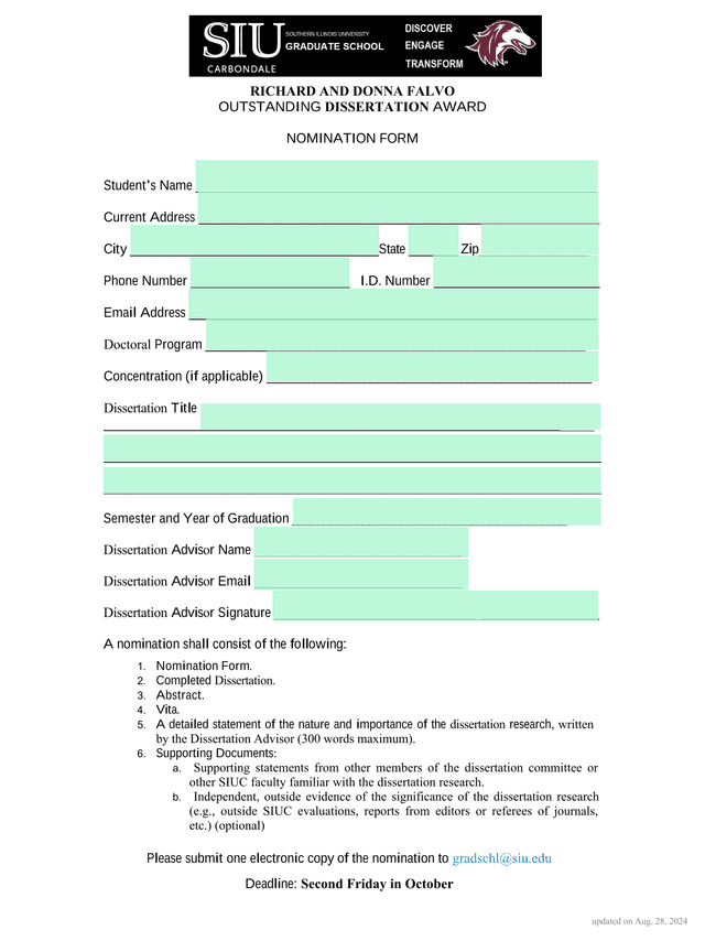RICHARD AND DONNA FALVO OUTSTANDING DISSERTATION AWARD NOMINATION FORM screenshot