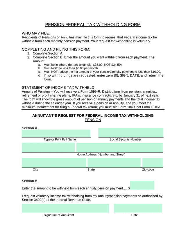 Pension Federal Tax Withholding Form screenshot