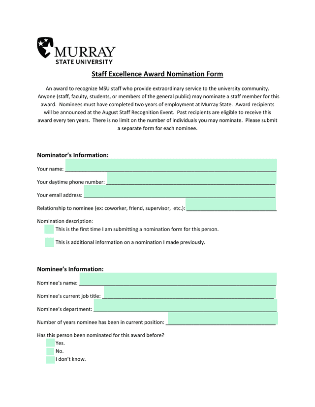 Staff Excellence Award Nomination Form screenshot