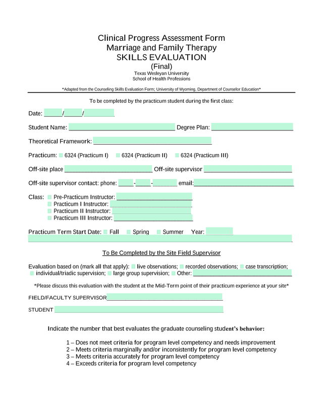 Clinical Progress Assessment Form   Marriage And Family Therapy Skills Evaluation screenshot