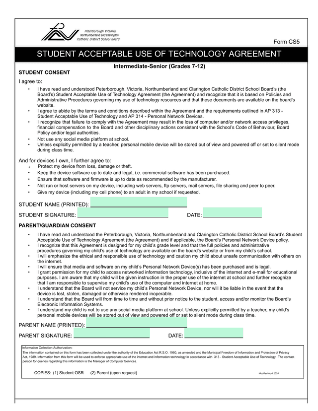 Form CS5 STUDENT ACCEPTABLE USE OF TECHNOLOGY AGREEMENT screenshot