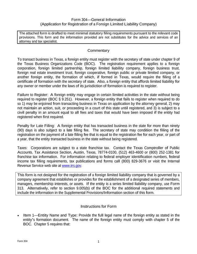 Form 304General Information (Application For Registration Of A Foreign Limited Liability Company) screenshot