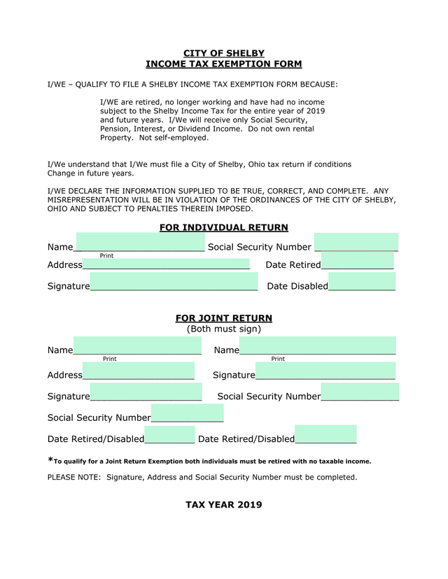 City Of Shelby Income Tax Exemption Form screenshot