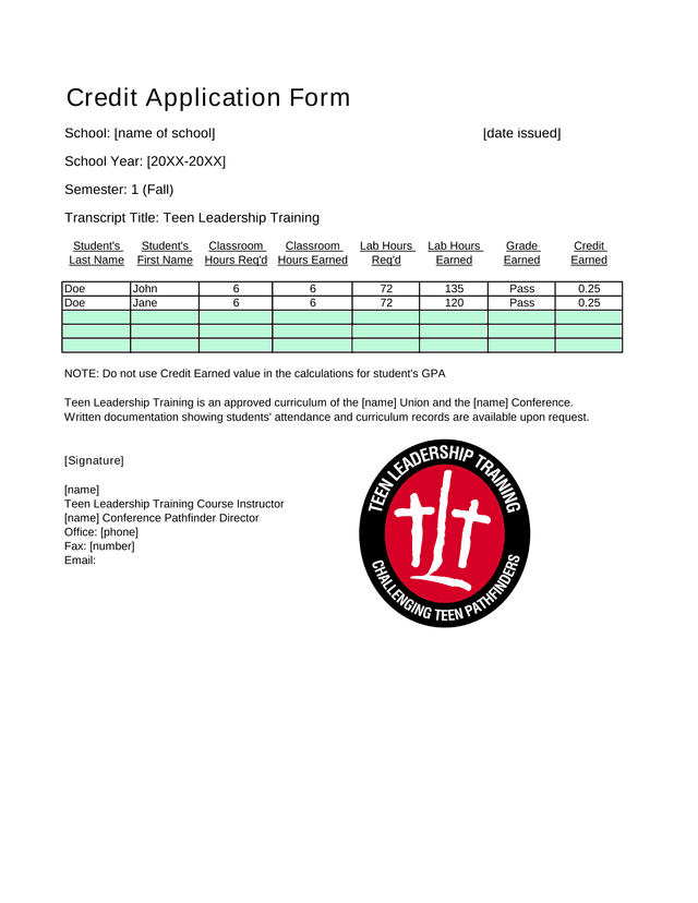 Credit Application Form screenshot