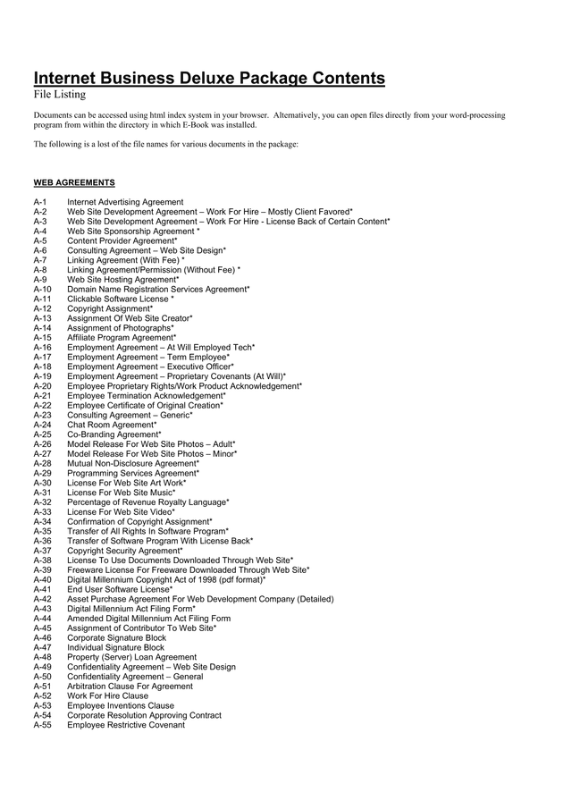 Internet Business Deluxe Package Contents screenshot