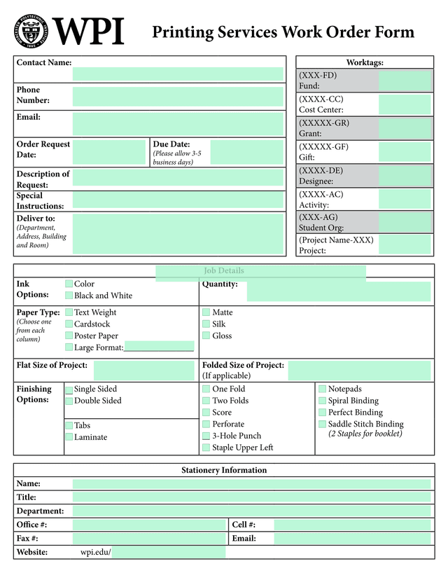 Printing Services Work Order Form screenshot