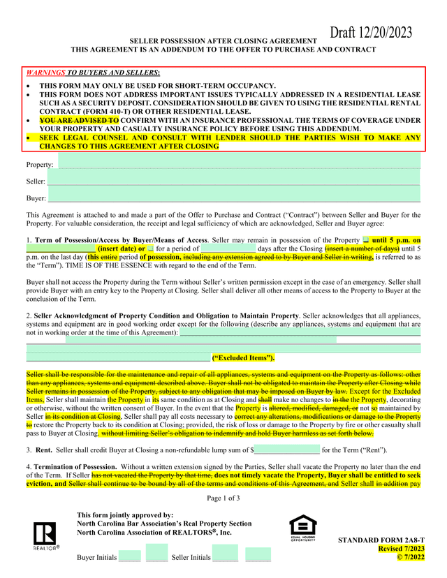 SELLER POSSESSION AFTER CLOSING AGREEMENT screenshot
